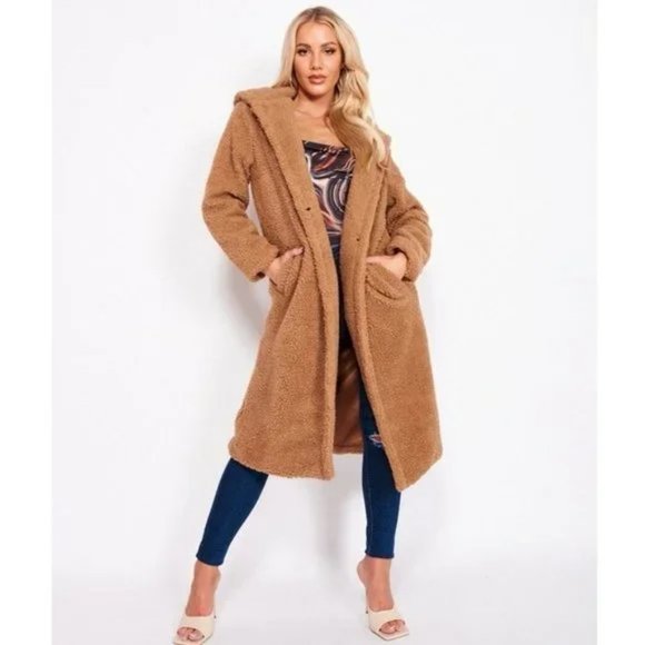 Brown Long Sleeve Hooded Hoodie Long Maxi Borg Teddy Bear Fur Coat - Picture 11 of 15